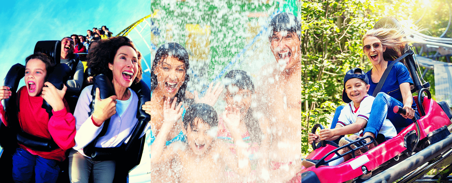 3 images of families having fun at an amusement park