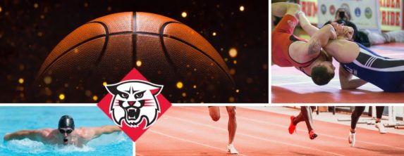 Collage of 4 photos and Wildcats logo overlay: basketball, wrestlers, runners, a swimmer