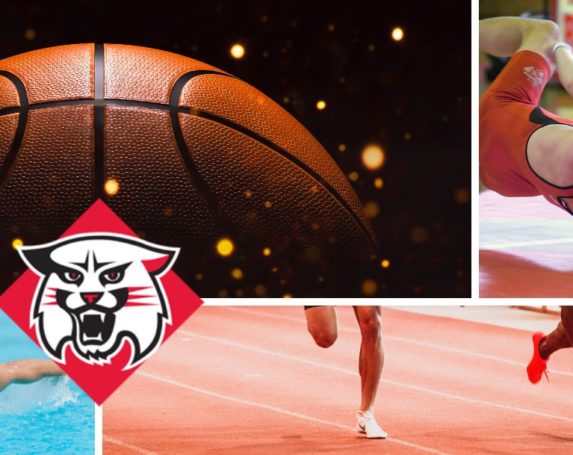 Collage of 4 photos and Wildcats logo overlay: basketball, wrestlers, runners, a swimmer