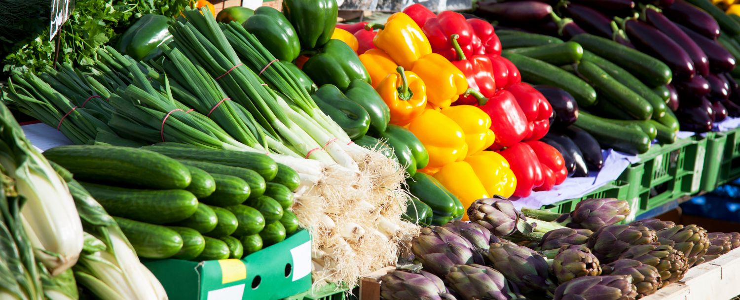 Onions, cucumbers, bell peppers, and other vegetables on display at a market.