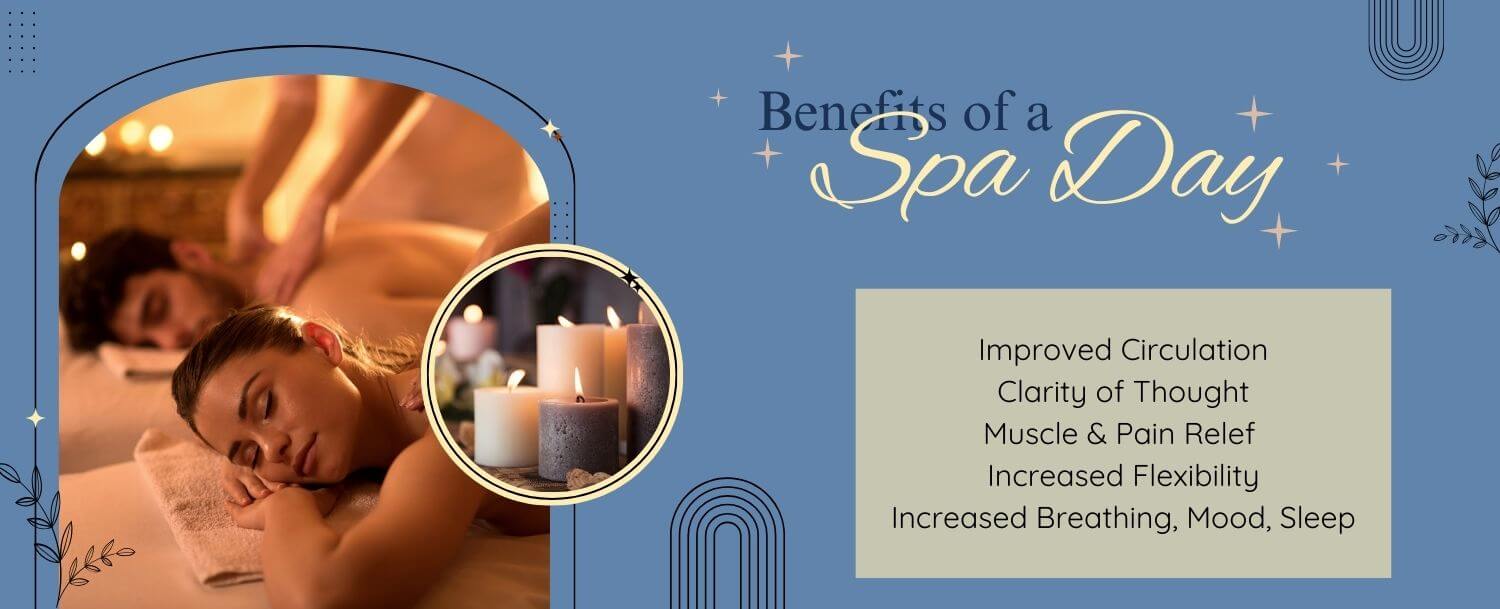 collage of couple’s massage, cluster of lit candles, and list of benefits of a spa day