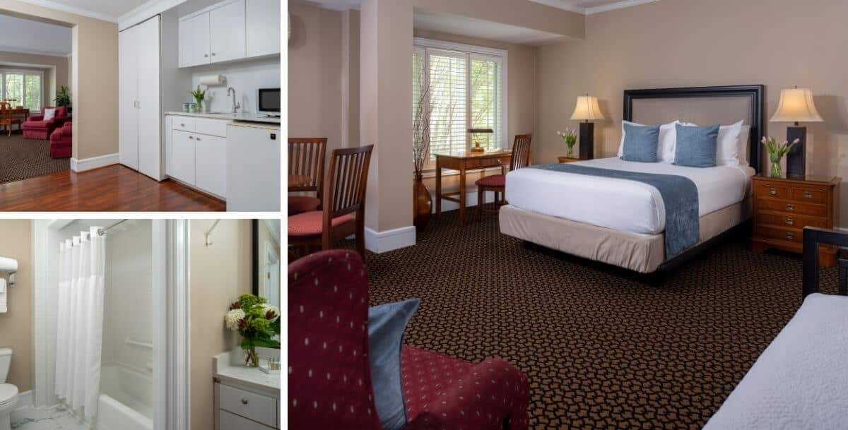Spacious guest suite at Davidson Village Inn with king bed, kitchenette, sitting area, and private bathroom