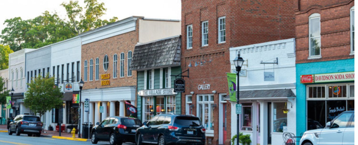 Storefronts in downtown Davidson, NC