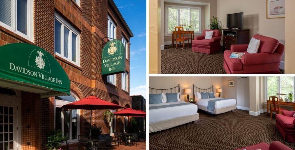 dvi-blog-entry-signs-family-suite | Davidson Village Inn Davidson Village Inn's entrance and a Family Suite with two beds and a sitting area.