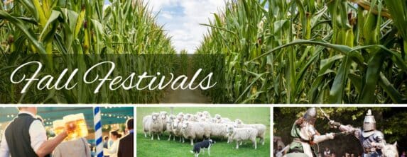 fall festivals including corn maze, sheep and sheepdog, oktoberfest brew, and jousting knights