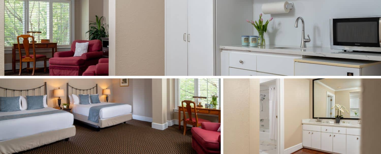 Three images of the Davidson Village Inn Family Suite, including the beds, sitting area, kitchenette, and bath.