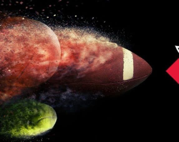 Football, soccer ball, basketball, tennis ball exploding to the right