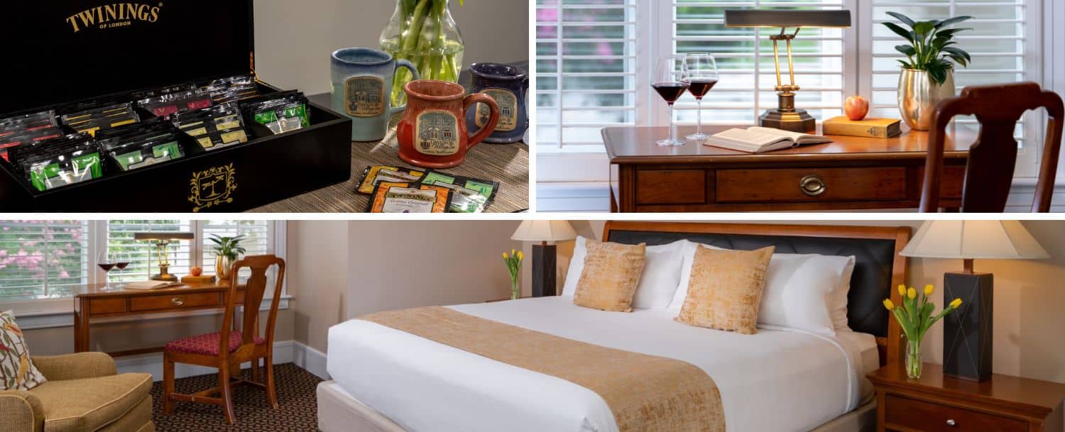 An assortment of teas and mugs, wine glasses and a book on a desk, a guestroom bed, desk, and chair at the Davidson Village Inn