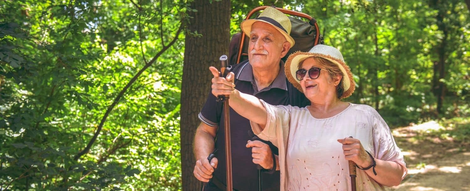 older man and woman hiking in the forest stopping to look at something