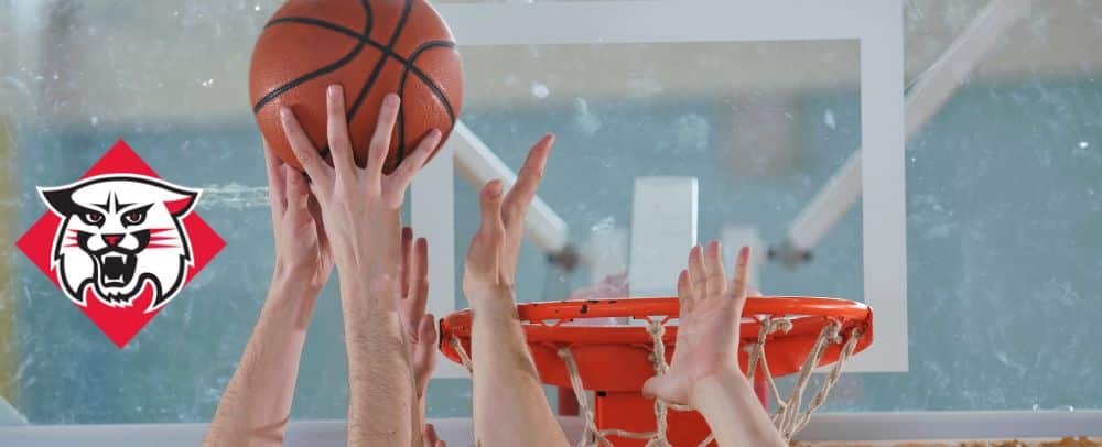 Hands shooting and blocking at the basketball net and the Davidson College Wildcats logo