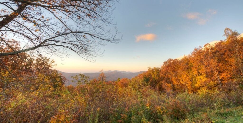 Fall foliage covers rolling hills near Davidson College in North Carolina.