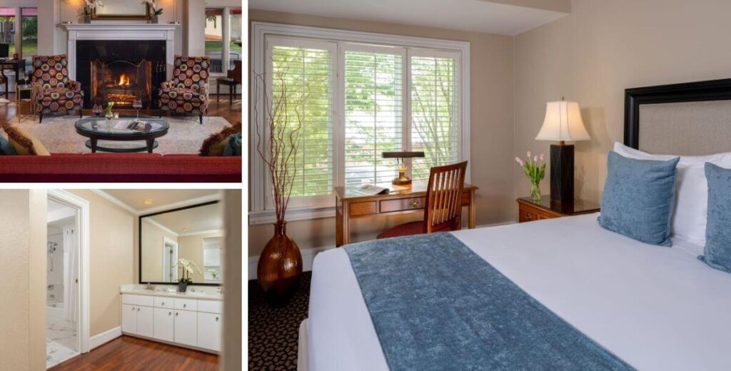 An executive suite bed, bath, and fireside lobby seating at Davidson Village Inn.