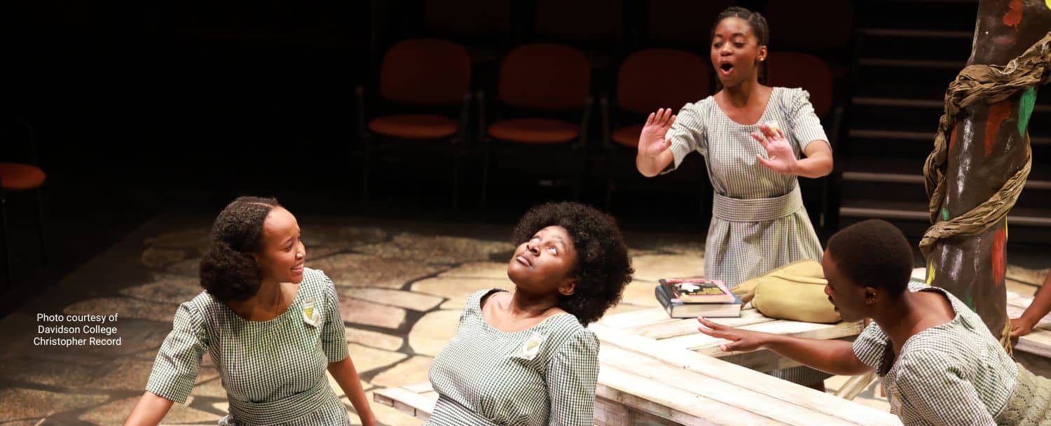 Davidson College Theatre actors performing an emotional scene from School Girls; Or, the African Mean Girls Play.