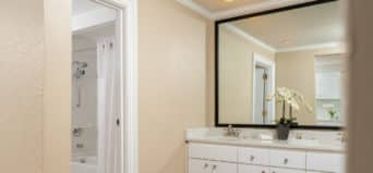 Bathroom with white vanity with double sinks, framed mirror, separate room with tile shower & tub combination