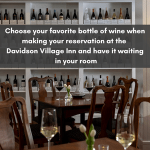 tasting room with walnut tables with glasses of various wines, shelves with a large variety of wines. Text overlay banner regarding choosing favorite wine to add to reservation