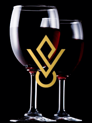 Two glasses of red wine and the Vine Society logo.